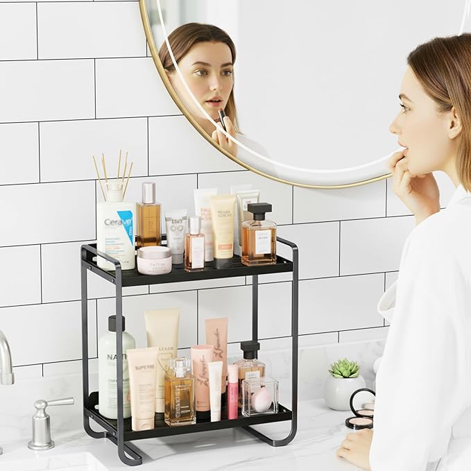 2-Tier Black Carbon Steel Bathroom Counter Organizer - Skincare Cosmetic Display Tray for Perfume, Makeup，Bathroom, Vanity Storage - Modern Countertop Organizer and Vanity Decor