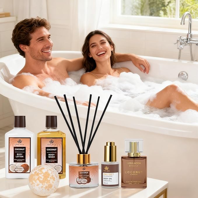 35 Pcs Coconut Vanilla Spa Gift Basket for Women & Men, Face Skin Care Set, Bath & Body Set, Self Care Pamper Kit, Diffuser, Bath Bomb, Birthday, Christmas, Valentines, Mother Day, Anniversary