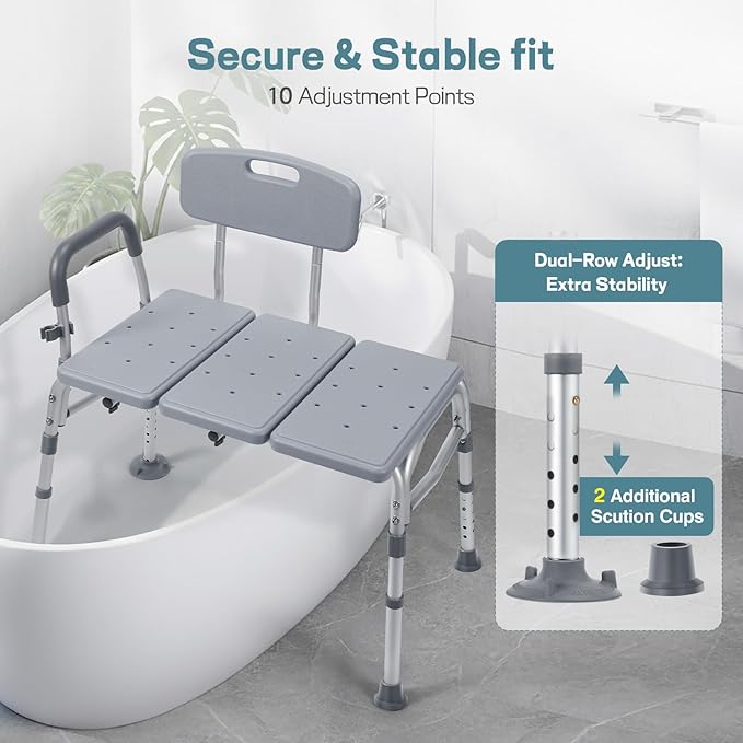 Tub Transfer Bench for Bathtub, 500lb Heavy Duty Shower Chair with Reversible Backrest & Padded Handle, Non-Slip Height Adjustable Bath Seat for Elderly & Disabled, Tool-Free Assembly
