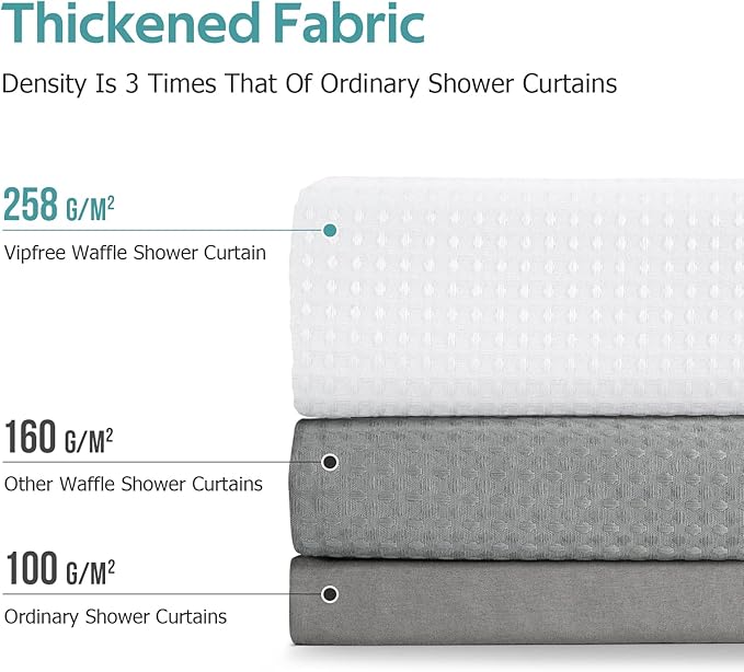 3 in 1 Shower Curtain Set, Waffle Shower Curtain and Liner Set with 12 Double Sided Shower Curtain Hooks, 258GSM Luxury Weighted Cloth Shower Curtains for Bathroom, 72 W x 84 H, White