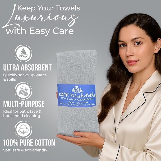 DAN RIVER 12 Pack Wash Cloths for Showering [12x12] - 100% Cotton Washcloths Premium Quality Flannel Face Cloths for Bathroom, Highly Absorbent and Soft Feel Wash Clothes, Silver