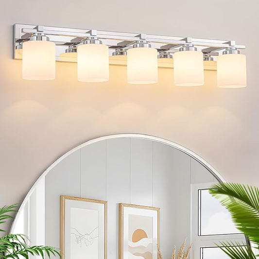 5 Light Modern Bathroom Light Fixtures Over Mirror, Chrome Vanity Lights for Bathroom Wall Sconces with Milky White Glass Shades, E26 Socket (Bulbs Not Included)