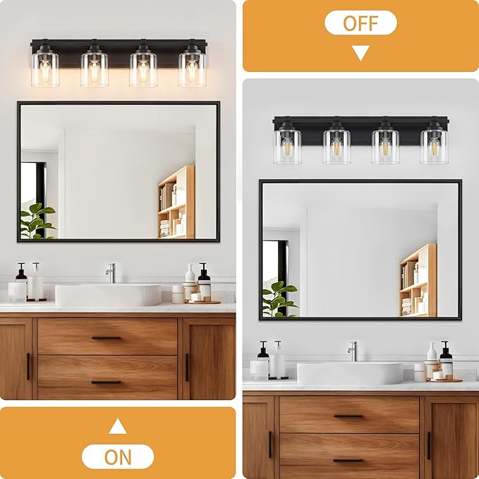 4 Light Modern Bathroom Light Fixtures Over Mirror, Black Vanity Lights for Bathroom Wall Sconces with Clear Glass Shades, E26 Socket (Bulbs Not Included)