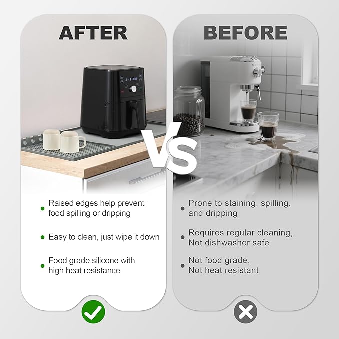 24x16 Inch Silicone Mat for Kitchen Counter, Kitchen Essentials and Gadgets - Silicone Air Fryer and Coffee Mat Set - Heat Resistant Mat for AirFryer, Microwave, Oven, Coffee Machine (Gray)