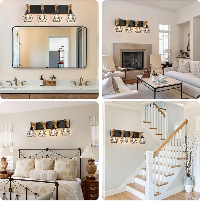 maesta 4-Light Farmhouse Bathroom Vanity Light Fixtures, Wood Bathroom Light Over Mirror, Rustic Sconces Wall Lighting with Elegant Metal Lampshade for Living Room, Bedroom, Hallway