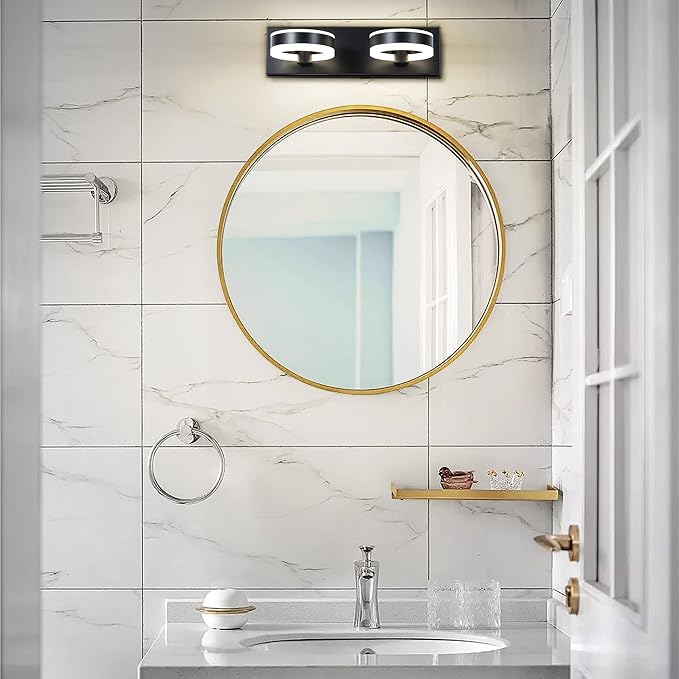 LED Bathroom Light Fixtures,15inch Black Vanity Lights, Modern 2 Light Acrylic Wall Sconces, 350° Rotatable Wall Lighting Fixture Over Mirror