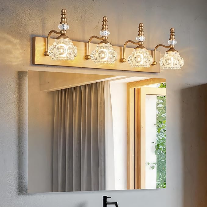 Modern Glass Crystal Vanity Light - Vintage Bathroom Lighting Fixtures Over Mirror, 4 Light Vanity Lights G9 Bulb (27.55 Inch,Brass)