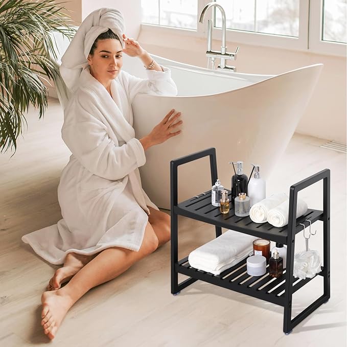 VVW 24.4 Inch Bamboo Shower Bench Seat Chair Stool with Arms for Inside Shower, Heavy Duty Spa Bath Chair with 2 Movable Hooks, Non-Slip Feet for Bathroom Accessories (Black L)