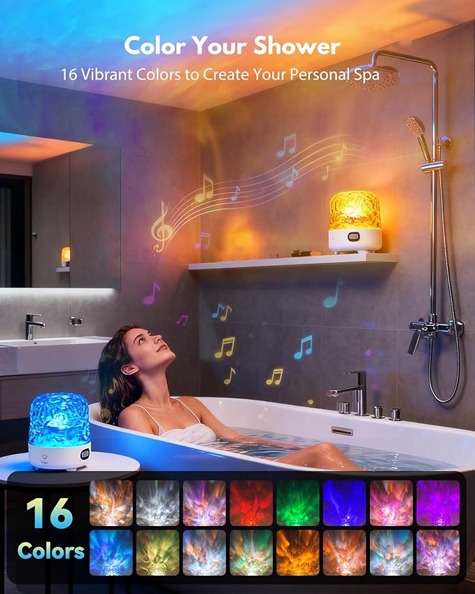 Spa-Like Shower Light with Bluetooth Speaker, Waterproof Shower Lamp with White Noise, 16 Colors Ocean Wave Projector Light with Remote & Touch Control, Lumena Lamps for Inside Shower Bathroom Bathtub