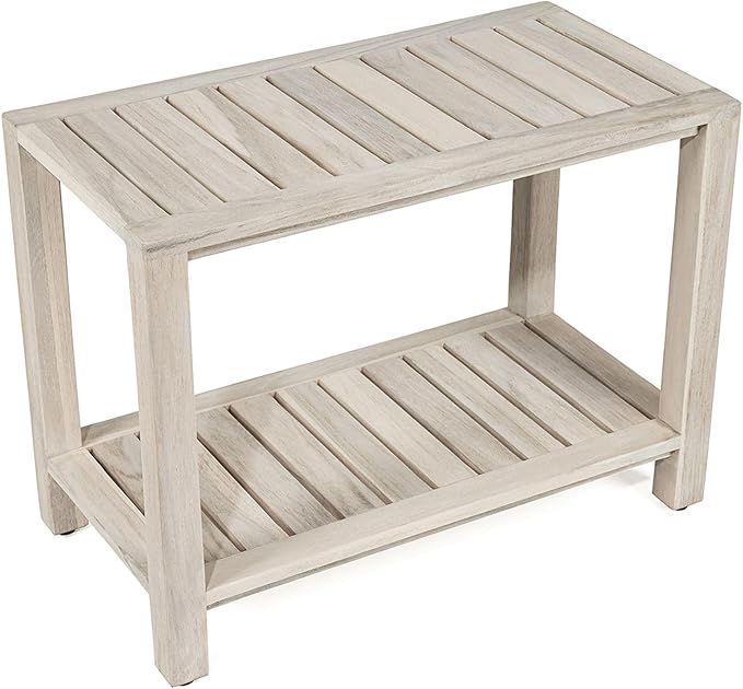 TeakCraft Gray Teak Shower Bench with Shelf 24 Inch for Bathroom, Spa - Fully Assembled, Shower Stool, Rustic Gray Finish, The Luni