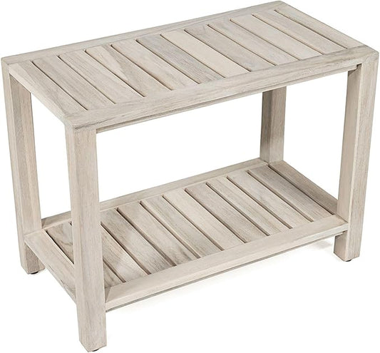 TeakCraft Gray Teak Shower Bench with Shelf 24 Inch for Bathroom, Spa - Fully Assembled, Shower Stool, Rustic Gray Finish, The Luni