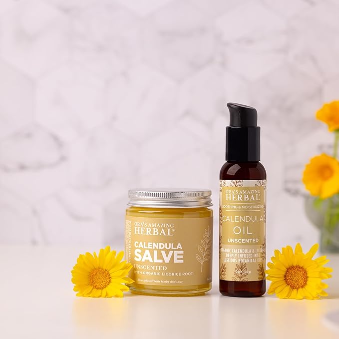 Ora's Amazing Herbal Calendula Skin Salve and Oil Set, Made with Grapeseed Oil, Organic Licorice, Responsibly Sourced Beeswax, 4 oz salve with 2 oz oil