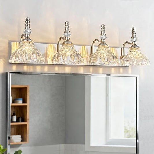 Vintage Bathroom Vanity Light, 4-Light Brushed Nickel Vanity Lighting Fixture with Flower Glass Shade, Bathroom Lighting Fixtures Over Mirror