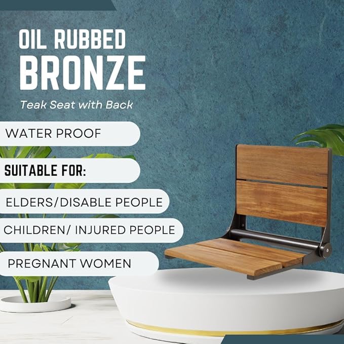 Folding Shower Seat Wall Mounted with Back | 500 lbs Maximum Load Capacity | ADA Compliant Safety Assist Teak Shower Seat for Seniors, Handicapped, and Children | 304 Stainless Steel Frame | 26” x 16”