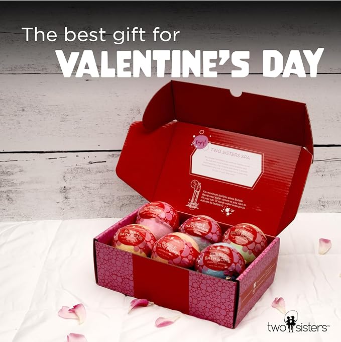 Valentines Bath Bombs for Kids with Surprise Heart Toys Inside (6 Pack) - Bubble Bath, USA Made, Kids Safe Ingredients, Fruity Scents, Gifts for Kids & Women by Two Sisters
