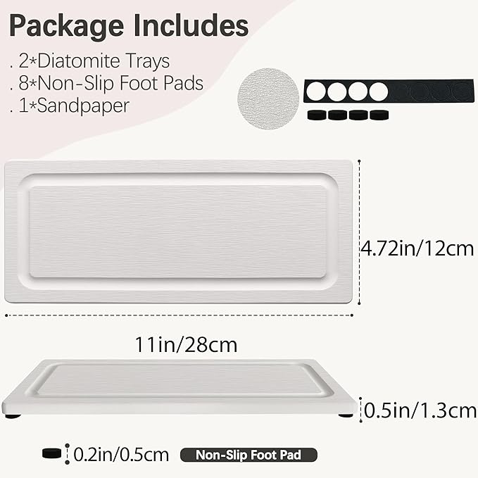 2 PCS Fast-Drying Stone Trays for Bathroom Sink & Kitchen Counter, Water Absorbing Diatomite Sink Coasters, Vanity Tray, Hand Soap Holder with Anti-Skid Pads (11" x 4.7" White)
