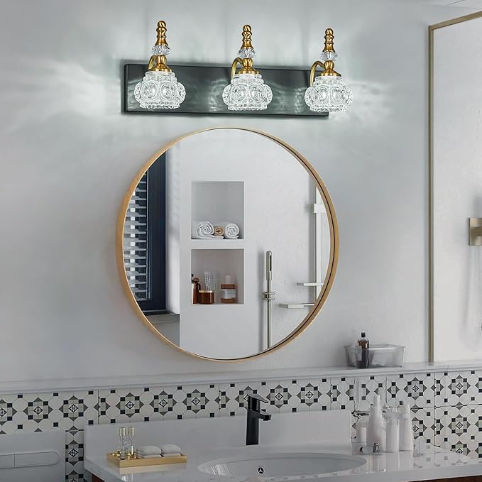 Bathroom Light Fixtures, Modern Glass Crystal Vanity Light Vintage Bathroom Lighting Fixtures Over Mirror 3 Light Vanity Lights G9 Bulb (19.68 Inch, Black Gold)