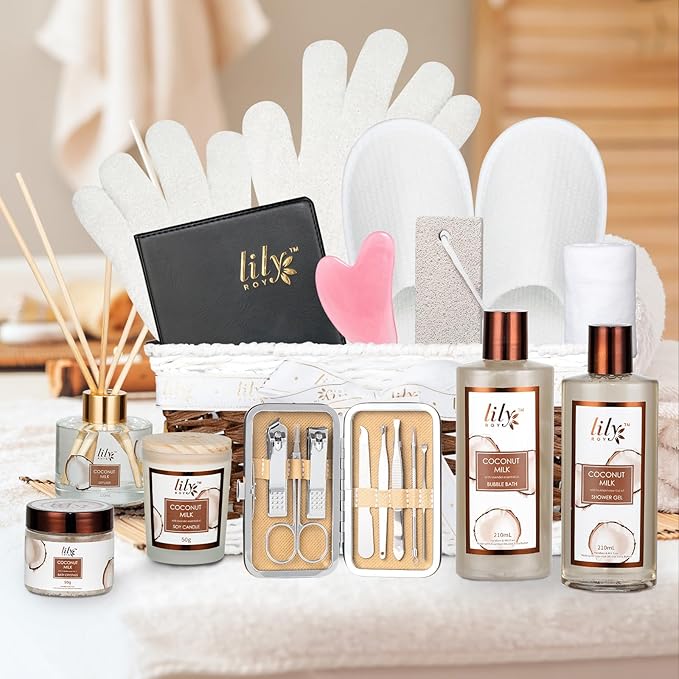 Coconut Vanilla Spa Gift Set for Women Christmas Gifts - Luxurious 28-Piece Body Care Collection, Moisturizing Bath & Body Basket Gift Set for Mother's Day, Birthday, Self Care Gift