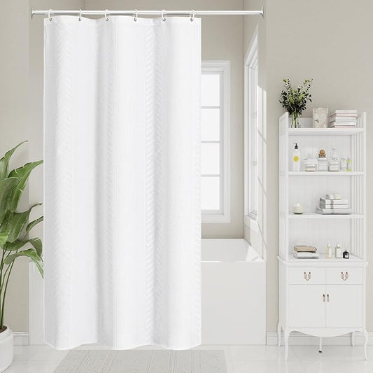 3D Embossed Pattern Shower Curtain, Simple and Chic Pattern Vintage Curtain for Bathroom, Waterproof Fabric Shower Curtains with Hooks, 36 W x 72 H, White