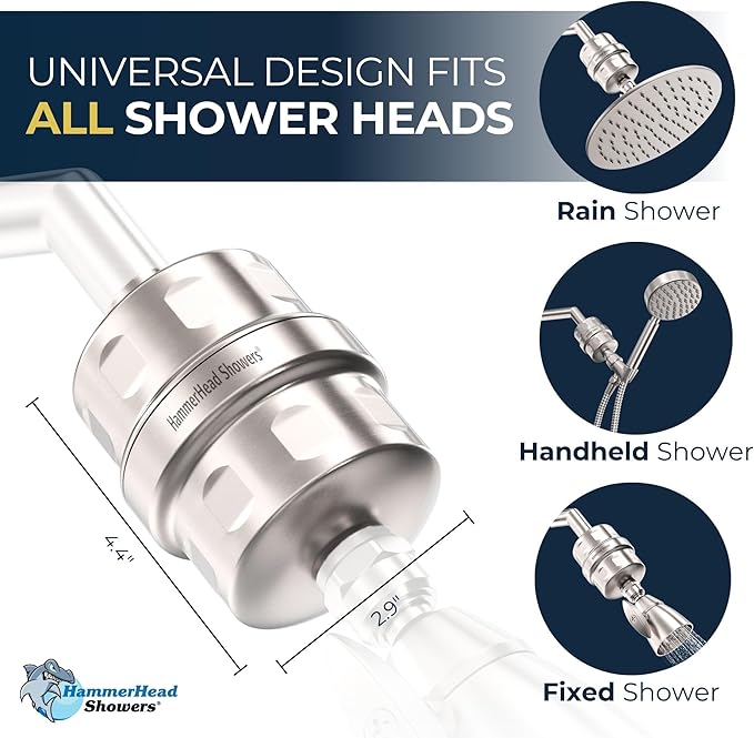HammerHead Showers® Solid Metal Shower Head Filter – KDF 55 Shower Filter, High Pressure Universal Shower Filters to Remove Toxic Chemicals – Removes Chlorine and Heavy Metals – Brushed Nickel