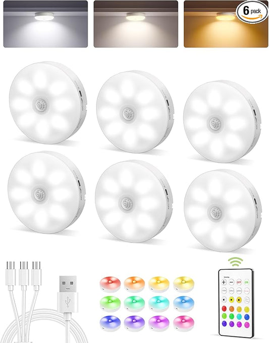 EZVALO 6-Pack Under Cabinet Lighting, Rechargeable Motion Sensor Puck Light with Remote, 3 Color Temps &12 RGB Colors, Magnetic Stick on Light, Dimmable Under Counter Light for Kitchen, Home Decor