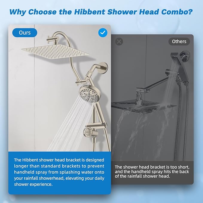 Hibbent Upgraded All Metal 10"Rainfall Showerhead Combo, High Pressure Shower Head with 10-Spray Mode Handheld, Innovative 4-way Diverter with Pause Mode, 71'' Shower Hose & Holder, Brushed Nickel