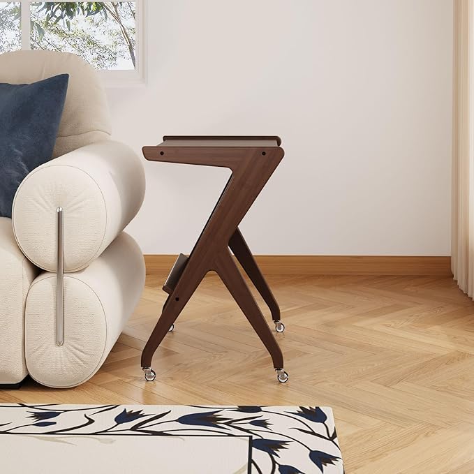 ZIYOO Solid Wood Mobile Side Table with Lockable Wheels, Multi-Functional Rolling End Table & Nightstand for Bedroom/Living Room, Small Spaces, Walnut