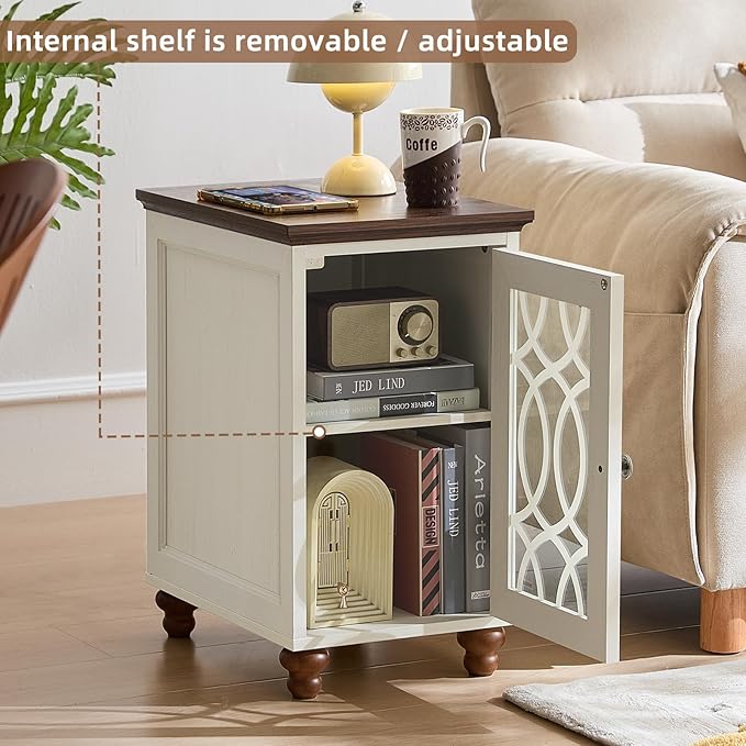 Narrow Side Table with Glass Door, 18 x 14'' Night Stand with Adjustable Shelf Storage Cabinet Organizer, Bedside End Tables Wood Nightstand for Small Spaces Living Room Bedroom