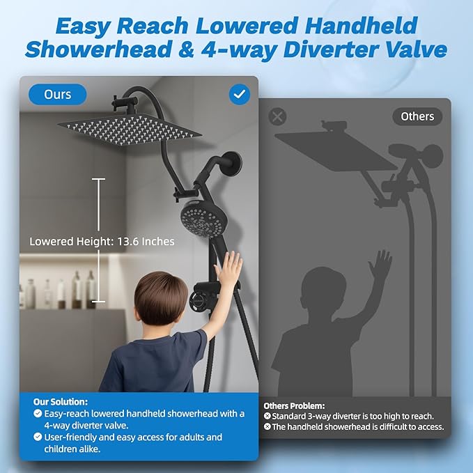 Hibbent Upgraded All Metal 10"Rainfall Showerhead Combo, High Pressure Shower Head with 10-Spray Mode Handheld, Innovative 4-way Diverter with Pause Mode, 71'' Shower Hose and Handheld Holder, Black