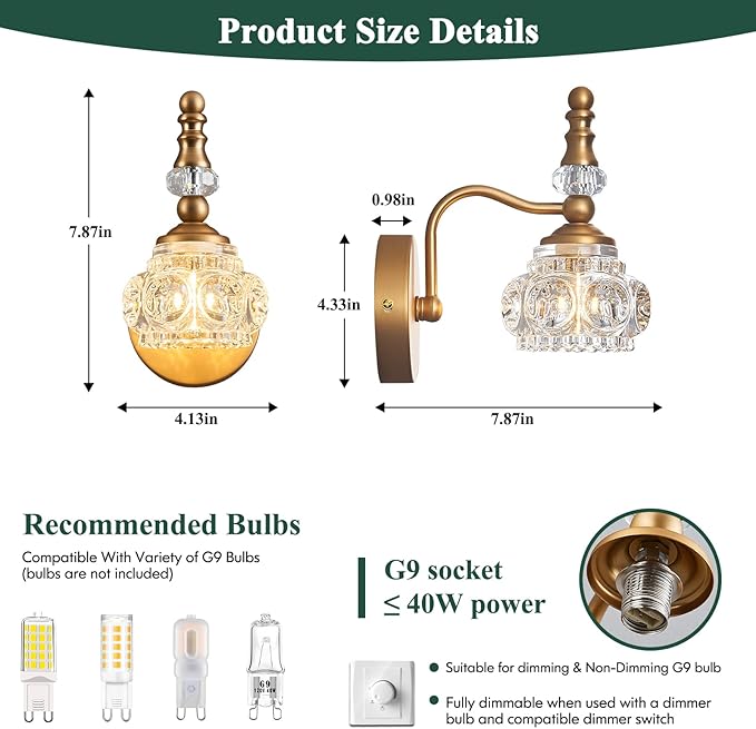 Modern Glass Crystal Vanity Light - Vintage Bathroom Lighting Fixtures Over Mirror, 2 Pack Vanity Lights G9 Bulb (7.87 Inch,Brass)