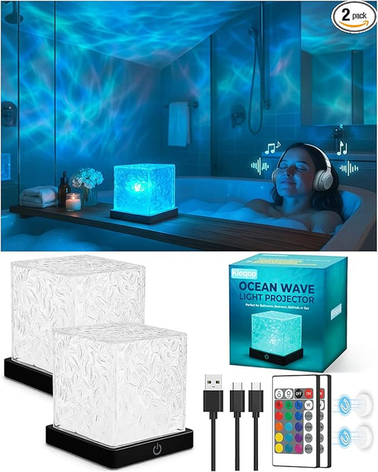 2-Pack Black Rechargeable Shower Lights, 16 Color Ocean Wave Projector Light Battery Powered, Shower Mood Lights Waterproof, Relaxing Bathtub Mood lighting, Water Ripple Lamp for Bath, Living Room