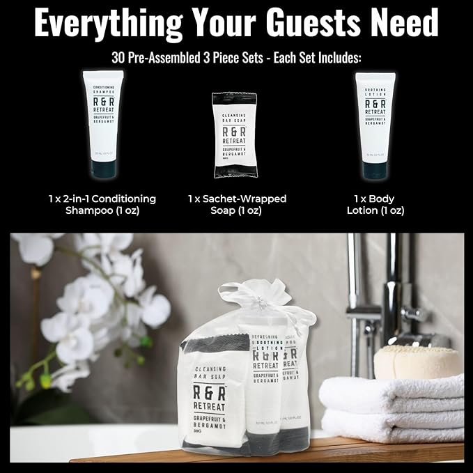 R&R Retreat Hotel Toiletry Sets - 30 Pre-Assembled 3-Piece Guest Amenities in Organza Bags - 2-in-1 Conditioning Shampoo, Body Lotion & Sachet-Wrapped Soap - Grapefruit & Bergamot Scent