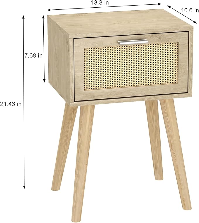 LAATOOREE Nightstand Set of 2, Small Bedside Table, Boho Side End Table, Rattan Door, Solid Wood Feet for Bedroom and Living Room