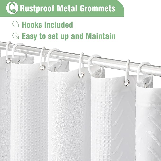 3D Embossed Pattern Shower Curtain, Simple and Chic Pattern Vintage Curtain for Bathroom, Waterproof Fabric Shower Curtains with Hooks, 36 W x 72 H, White