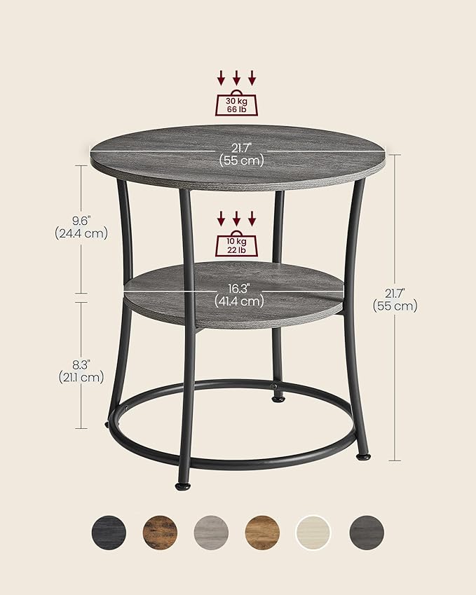 VASAGLE Side Table, 2-Tier Round End Table, Nightstand with Steel Frame for Small Spaces, Living Room, Bedroom, Misty Gray and Ink Black