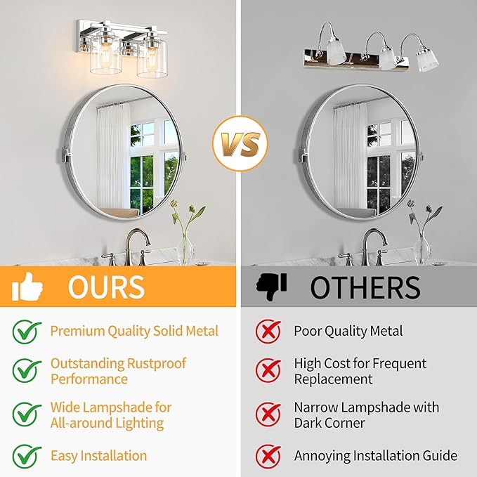 2 Light Modern Bathroom Light Fixtures Over Mirror, Chrome Vanity Lights for Bathroom Wall Sconces with Clear Glass Shades, E26 Socket (Bulbs Not Included)