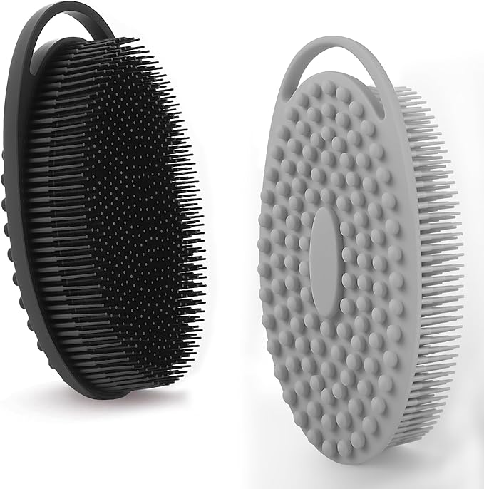 2 Pack Silicone Body Scrubber for Shower - Soft & Gentle Loofah Alternative for Sensitive Skin, Quick-Drying & Hygienic Body Wash Scrubber Brush for Men, Women & Kids (Black & Gray)