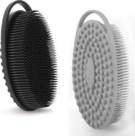 2 Pack Silicone Body Scrubber for Shower - Soft & Gentle Loofah Alternative for Sensitive Skin, Quick-Drying & Hygienic Body Wash Scrubber Brush for Men, Women & Kids (Black & Gray)