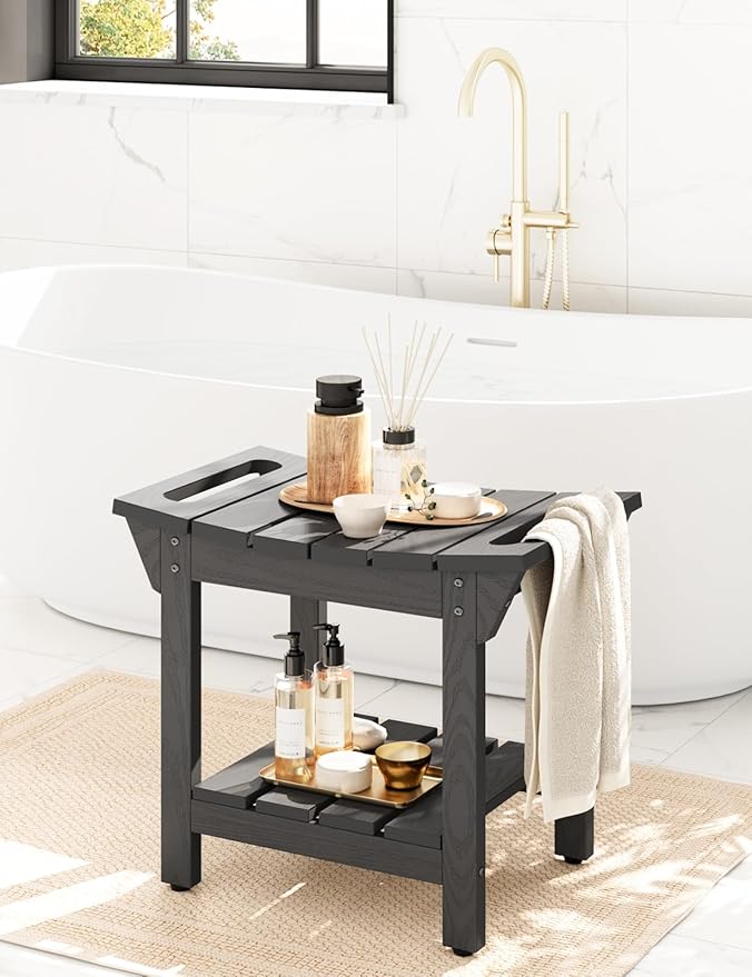 Waterproof Shower Bench, Poly Lumber Shower Stool for Shaving Legs, Shower Chair Seat with Storage Shelf and Handles, Bathroom Bench for Inside Shower, Non-Slip (Grey)