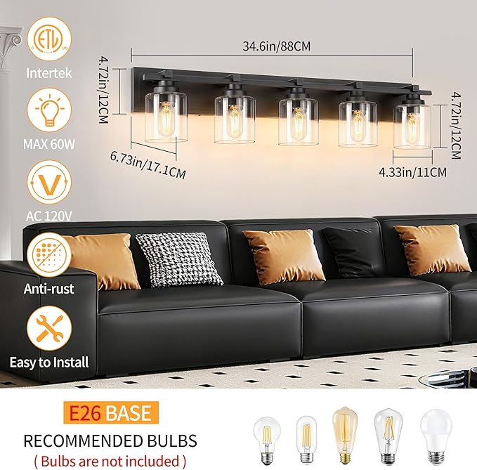5 Light Modern Bathroom Light Fixtures Over Mirror, Black Vanity Lights for Bathroom Wall Sconces with Clear Glass Shades, E26 Socket (Bulbs Not Included)