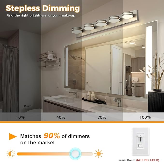 32In Motion Sensor Vanity Light Brushed Nickel, 3CCT 5-Light Modern LED Bathroom Lighting Fixtures Over Mirror, Rotatable Head, Dimmable 3000K-6000K Wall Sconce, Anti-Rust Silver