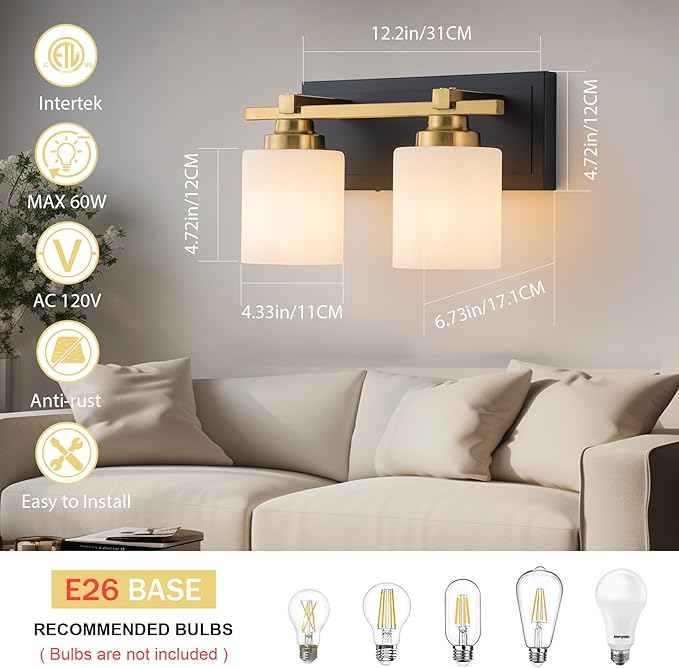 2 Light Modern Bathroom Light Fixtures Over Mirror, Black Gold Vanity Lights for Bathroom Wall Sconces with Milky White Glass Shades, E26 Socket (Bulbs Not Included)