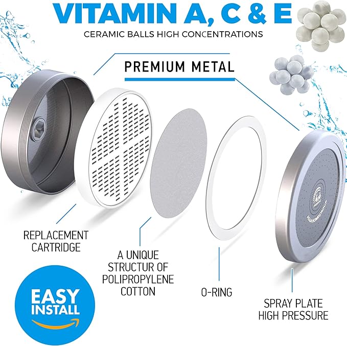 AquaHomeGroup Luxury Filtered Shower Head (Metal) 2 Cartridges Vitamin C+E+A + 5 Shower Caps - Reduses Chlorine & Sediments - Consistent Water Pressure - Massage and SPA Effery Shower Head