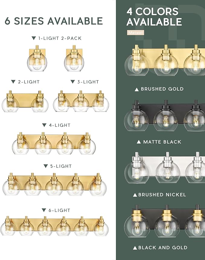 Bathroom Light Fixtures, 6 Light Brushed Gold Vanity Light, 38 Inch Modern Wall Sconces with Globe Clear Glass Shade, Vanity Lighting Fixtures Over Mirror, VL195-BG-6