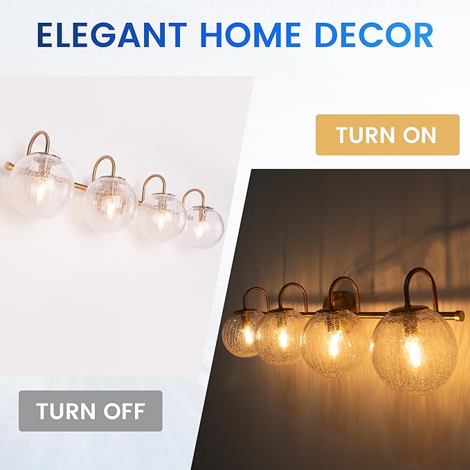 4-Light Bathroom Light Fixtures, Brushed Gold Vanity Lights for Bathroom with Cracked Glass Globe Shade, Vintage Bathroom Vanity Lighting Fixtures Over Mirror for Bedroom Living Room Hallway