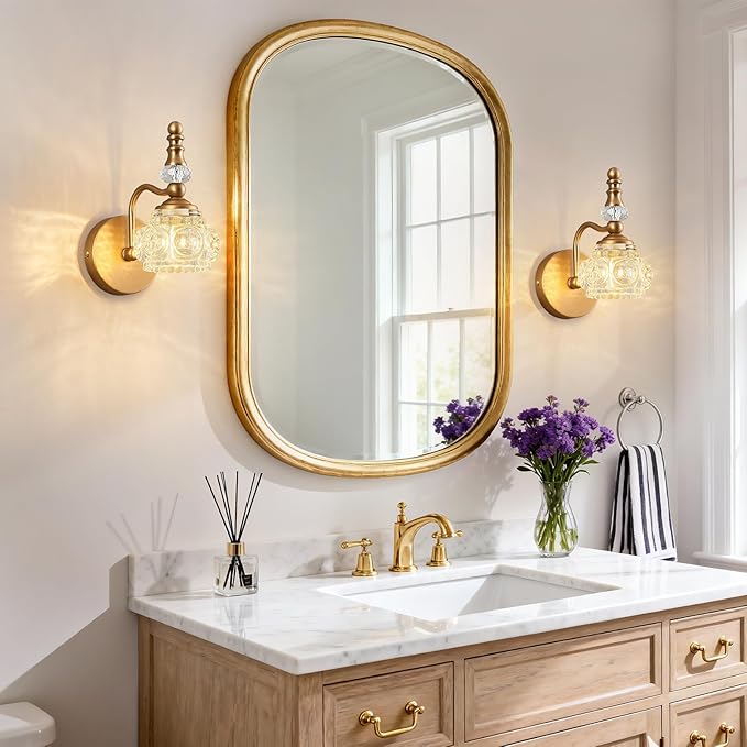 Modern Glass Crystal Vanity Light - Vintage Bathroom Lighting Fixtures Over Mirror, 2 Pack Vanity Lights G9 Bulb (7.87 Inch,Brass)