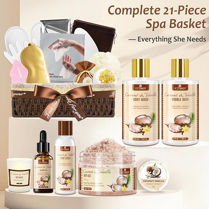 Bath and Body Gift Basket Set for Women - Coconut Vanilla Spa Gift Basket - Premium 21‑Piece Luxury Bath & Body Gift Set for Self Care - Gift ready for Mothers Day, Christmas, Birthday Gifts