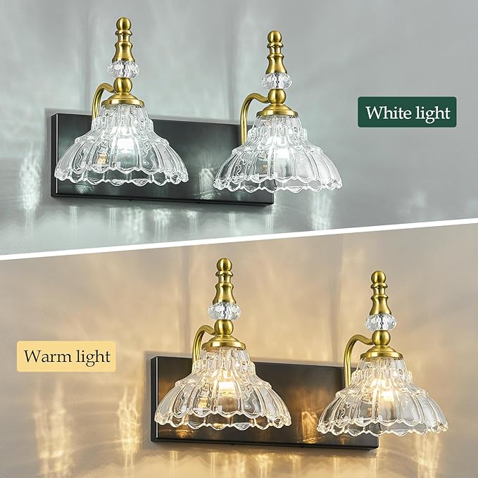 Vintage Bathroom Vanity Light, 2-Light Black Gold Vanity Lighting Fixture with Flower Glass Shade, Bathroom Lighting Fixtures Over Mirror