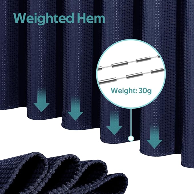 3 in 1 Shower Curtain Set, Waffle Shower Curtain and Liner Set with 12 Double Sided Shower Curtain Hooks, 258GSM Luxury Weighted Cloth Shower Curtains for Bathroom, 72 W x 84 H, Navy Blue