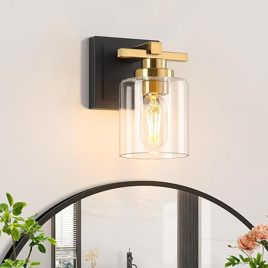 1 Light Modern Bathroom Light Fixtures Over Mirror, Black Gold Vanity Lights for Bathroom Wall Sconces with Clear Glass Shades, E26 Socket (Bulbs Not Included)